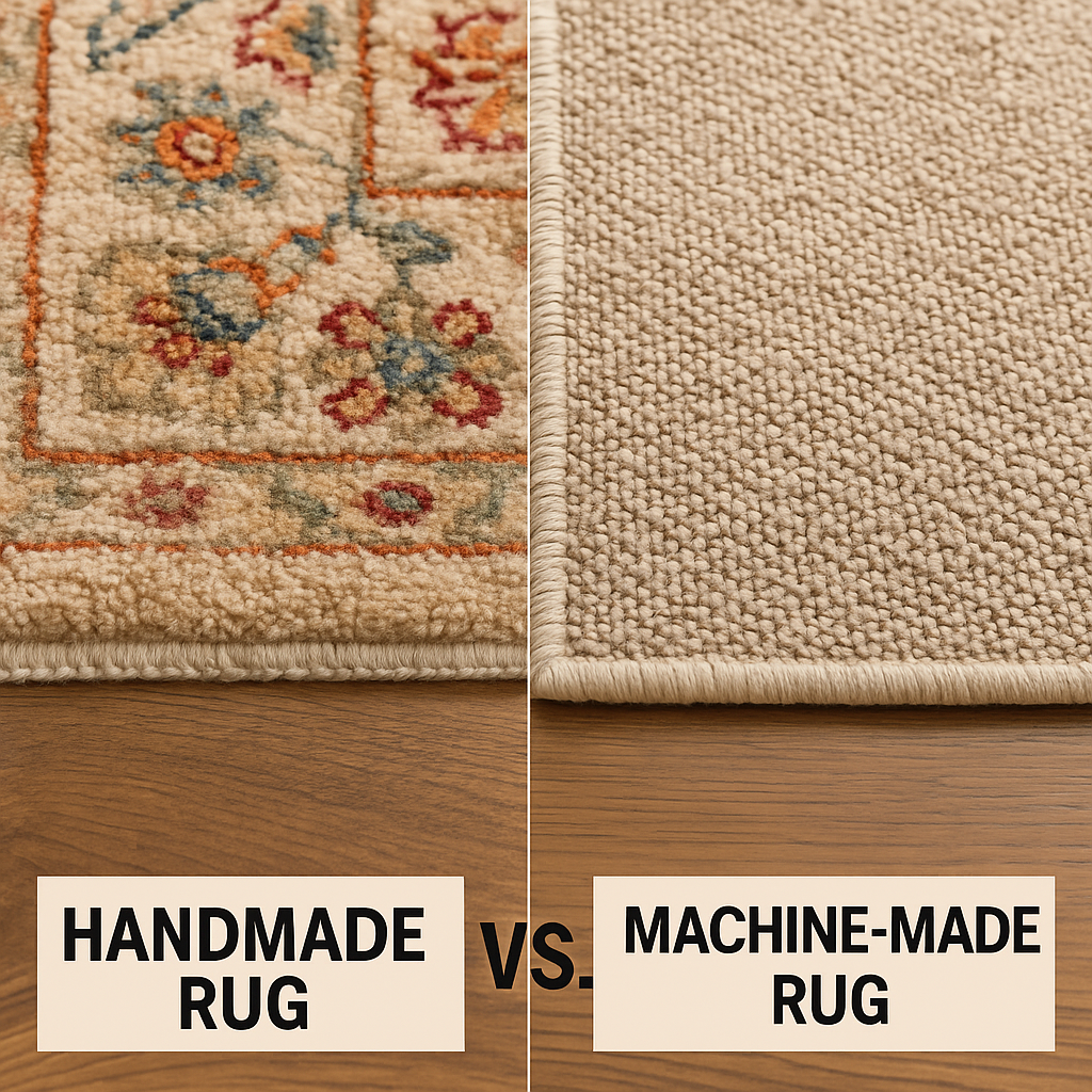 Handmade rug vs machine-made rug comparison – close-up view showing quality, texture, and craftsmanship differences for rug buyers