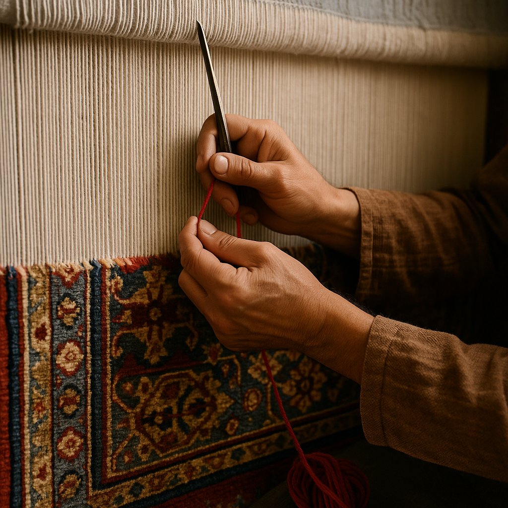 Hand-knotted traditional rug being woven by artisan – made to order, custom rug in progress, handcrafted with care.