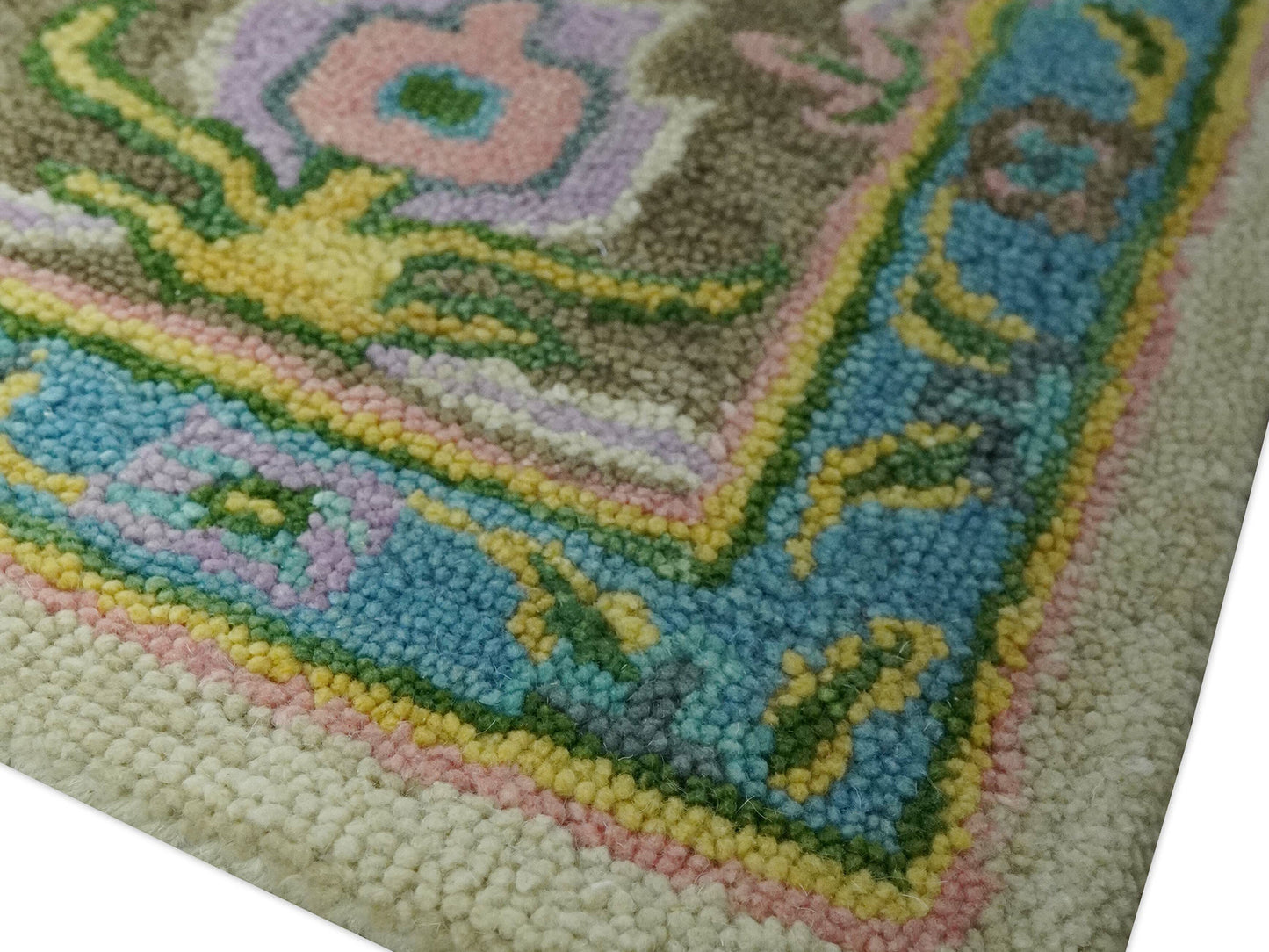 Handmade Vintage Oushak Rug | Ivory & Olive Green Floral Wool Rug
