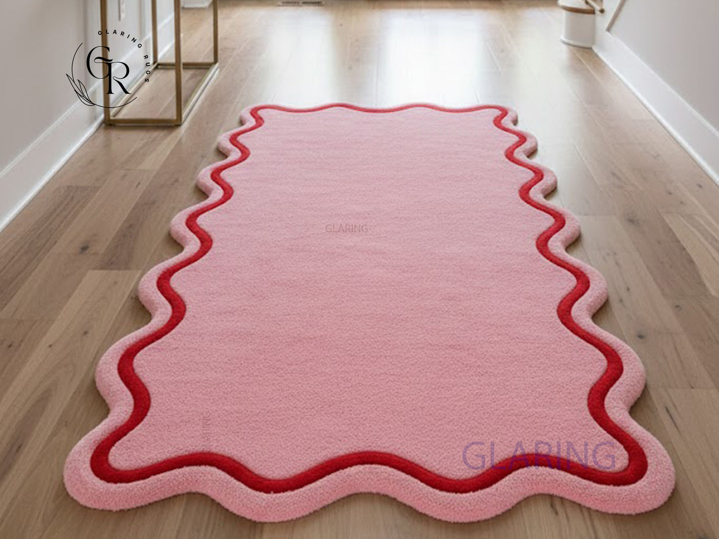 Hand Tufted Wool Rug | Pink with Red Wavy Border