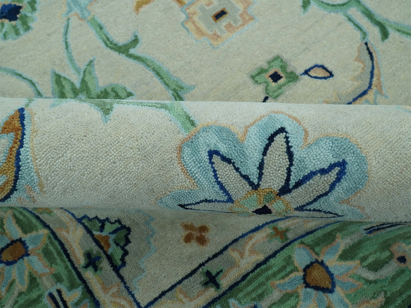 Handmade Oushak Style Rug| Ivory & Sage Green Floral| Vintage Turkish Inspired Luxury Carpet