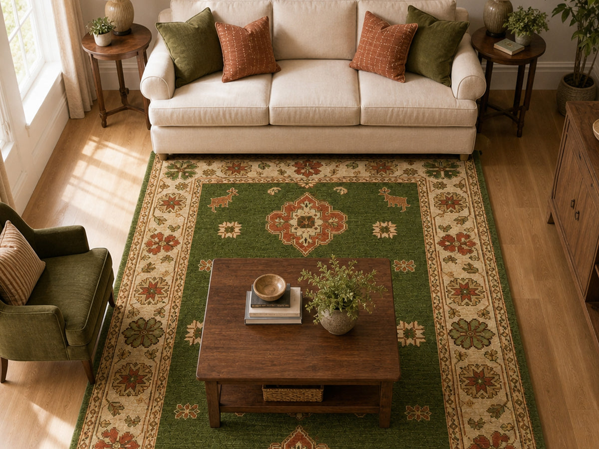 Hand Tufted Wool Rug| Olive Green Persian Kazak Rug |Traditional Tribal Area Rug