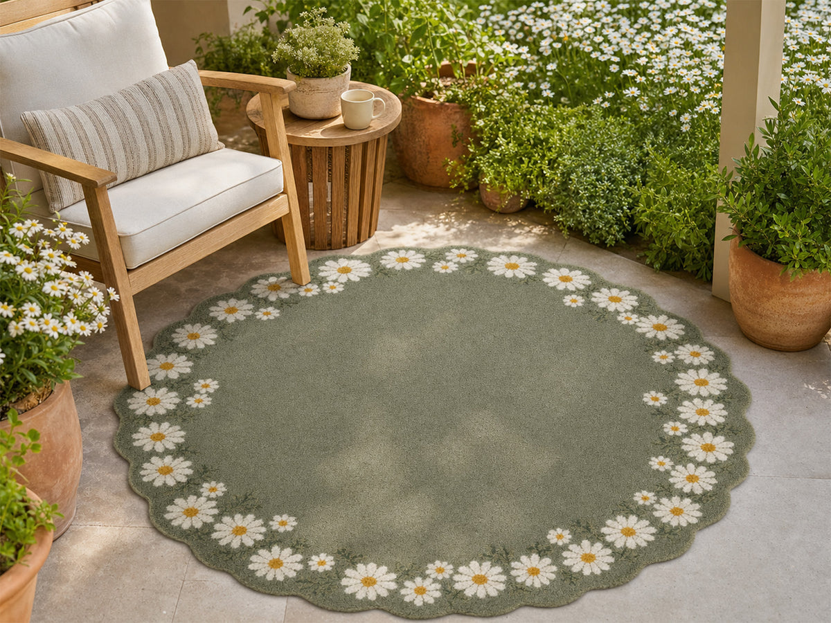 Sage Green Daisy Floral Scalloped Hand-Tufted Rug | Glaring Rugs