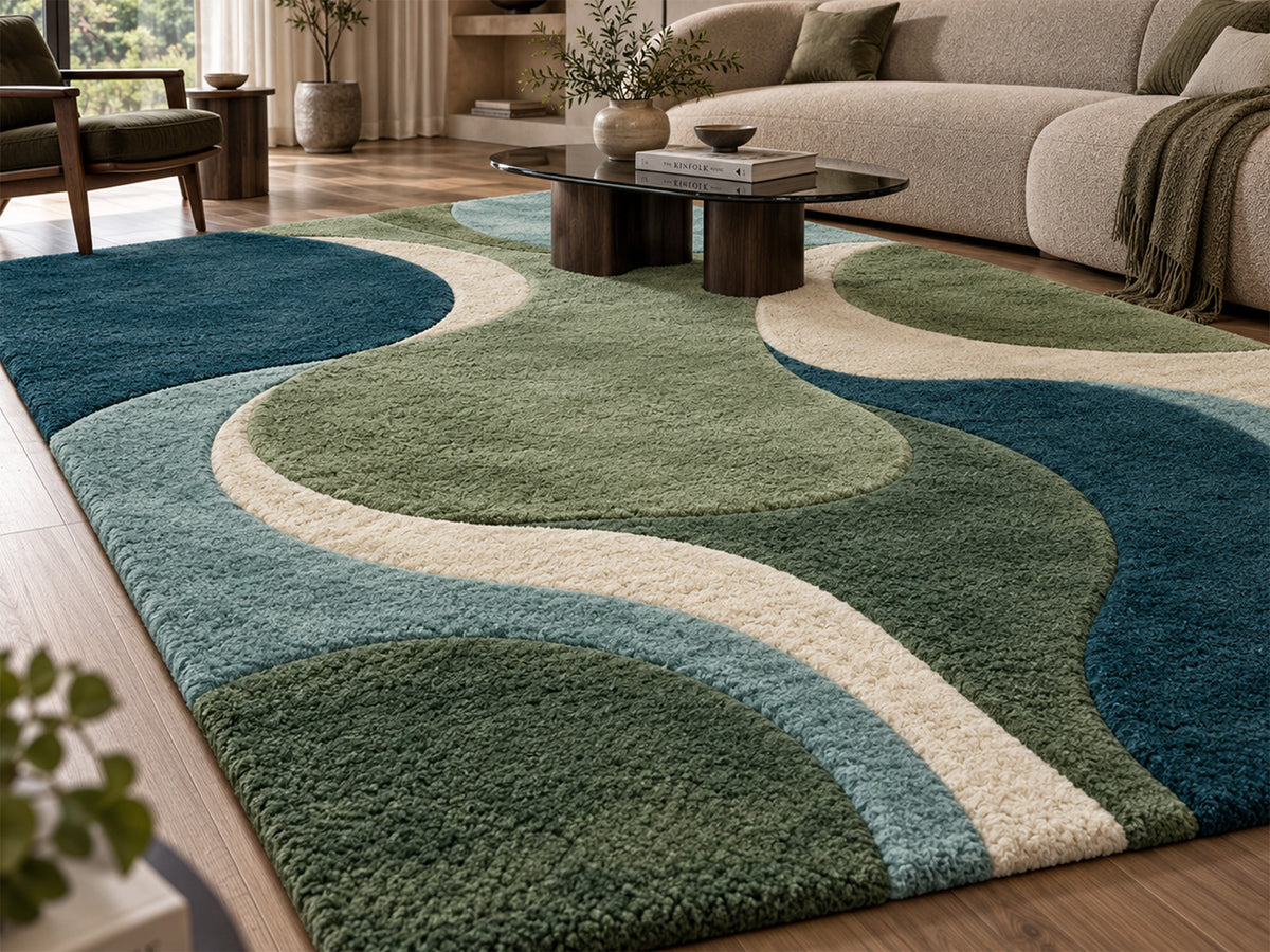 Teal Green Abstract Wave Hand-Tufted Wool Rug