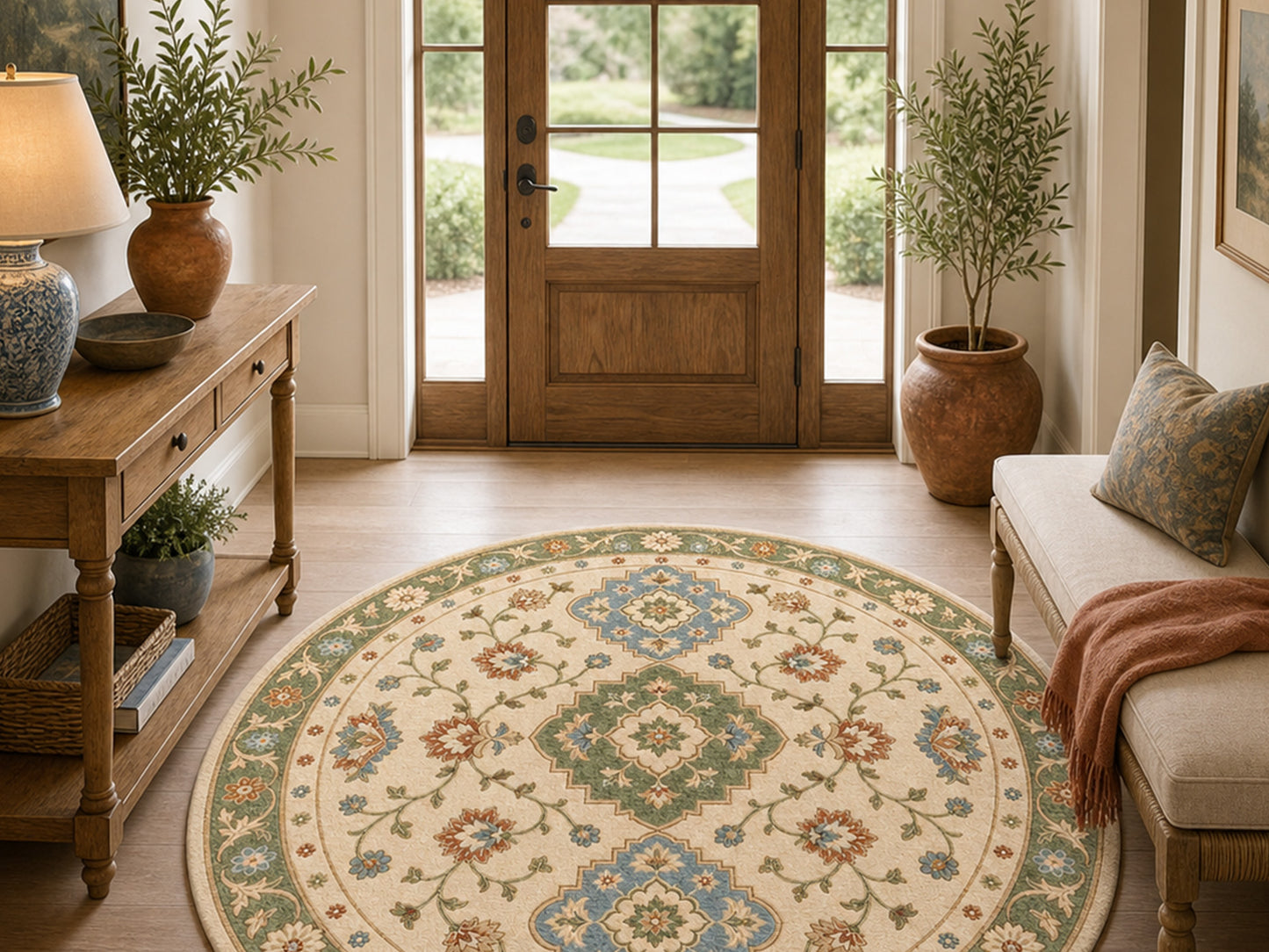 Hand Tufted Wool Rug |Ivory & Sage Green | Traditional Floral Medallion Area Rug