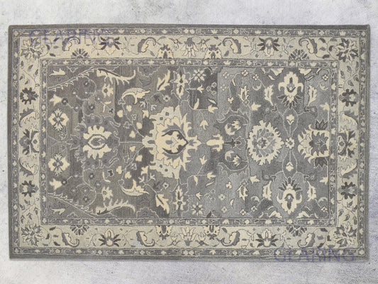 Handmade wool tufted Oushak grey oriental rug for living room or bedroom, custom size area rug with traditional design