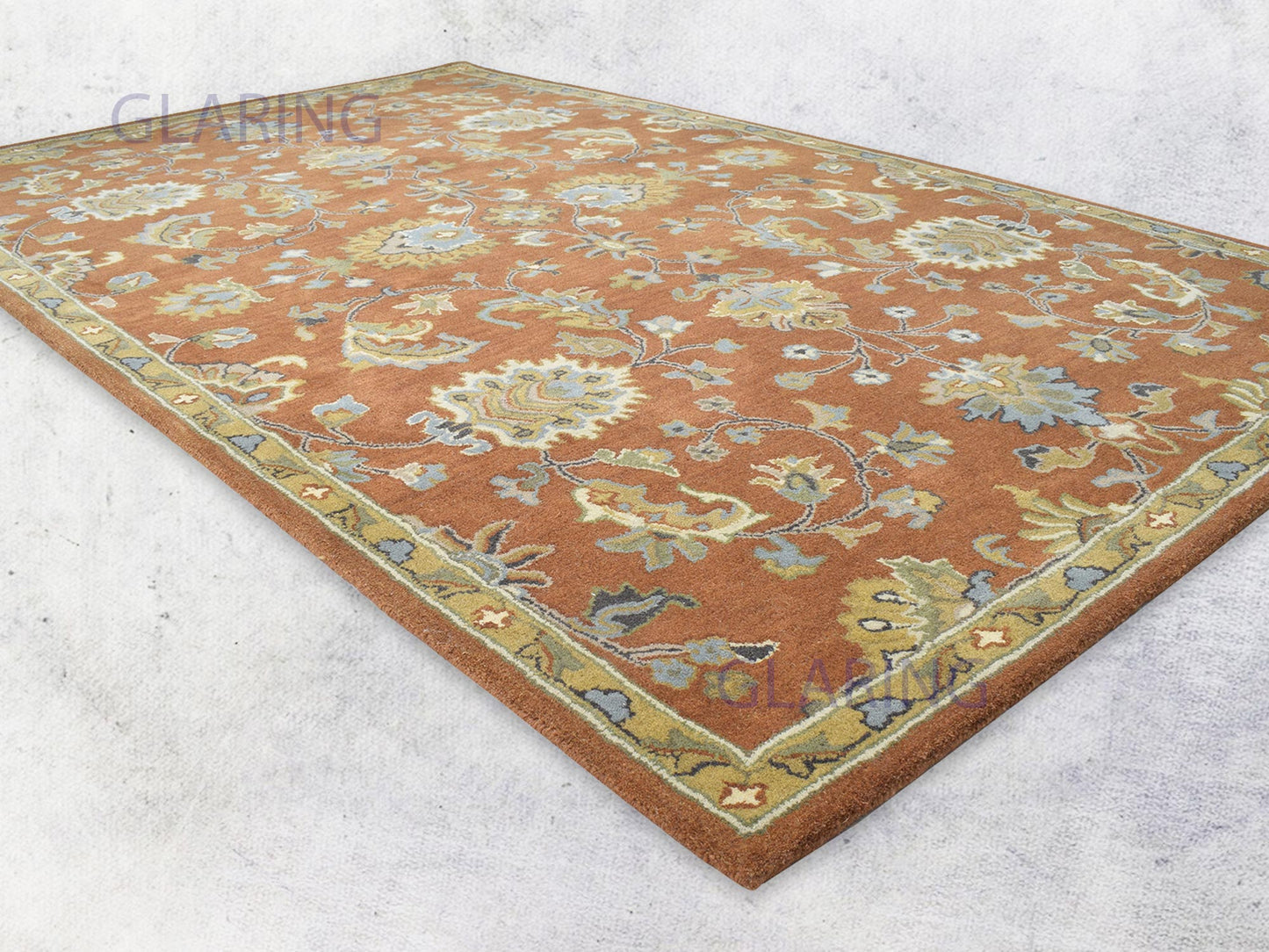 Handmade Oushak Rug | Oriental Design in Rust, Ivory & Blue