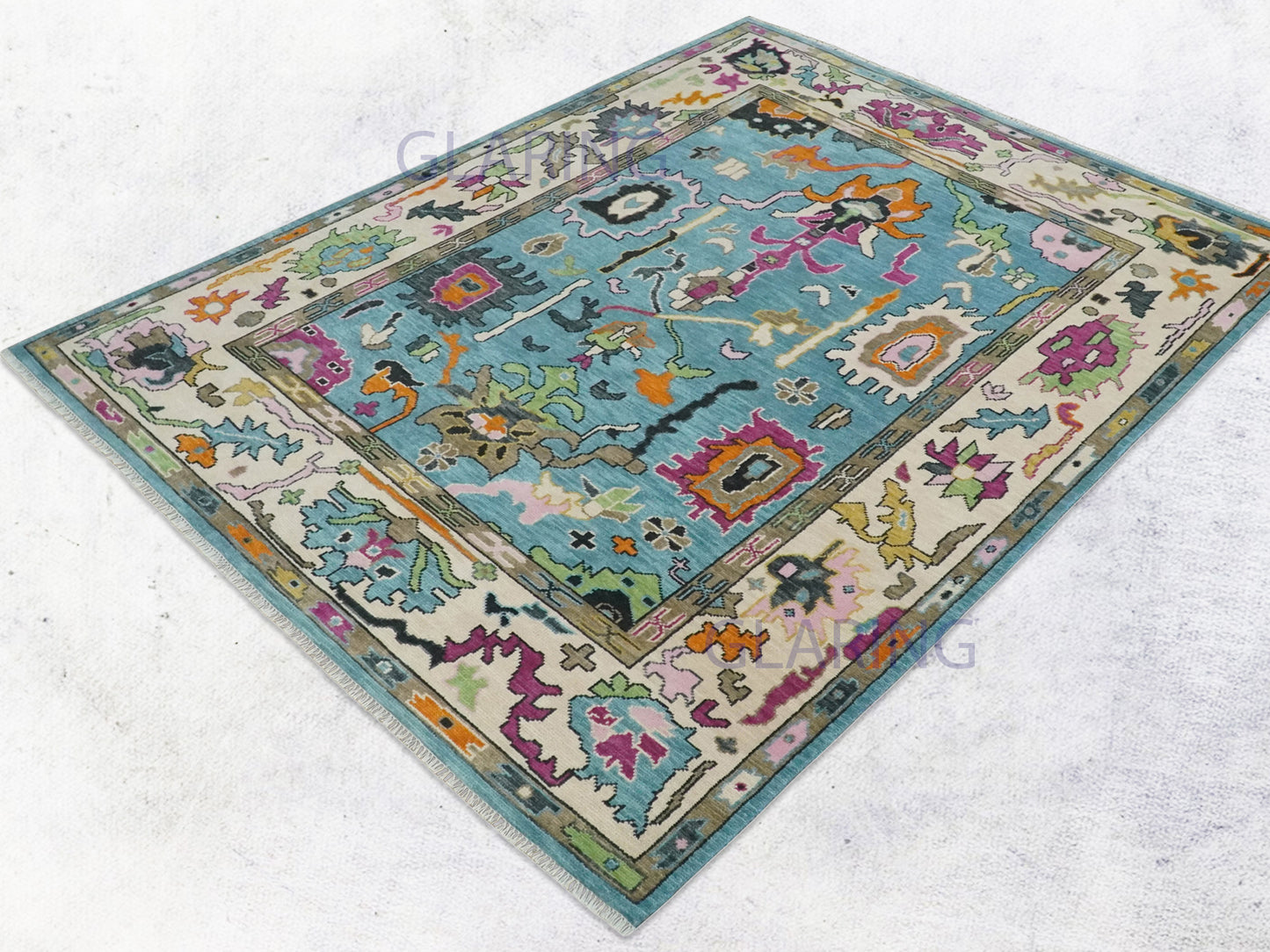 Hand-Knotted Traditional Rug | Oushak Design in Blue & Beige