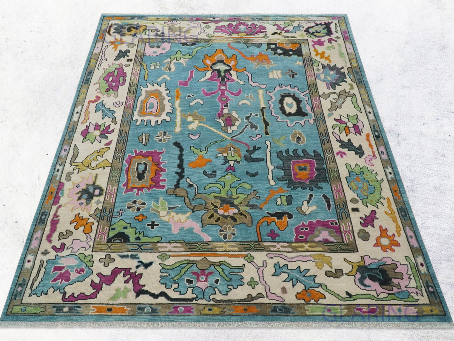 Hand-Knotted Traditional Rug | Oushak Design in Blue & Beige