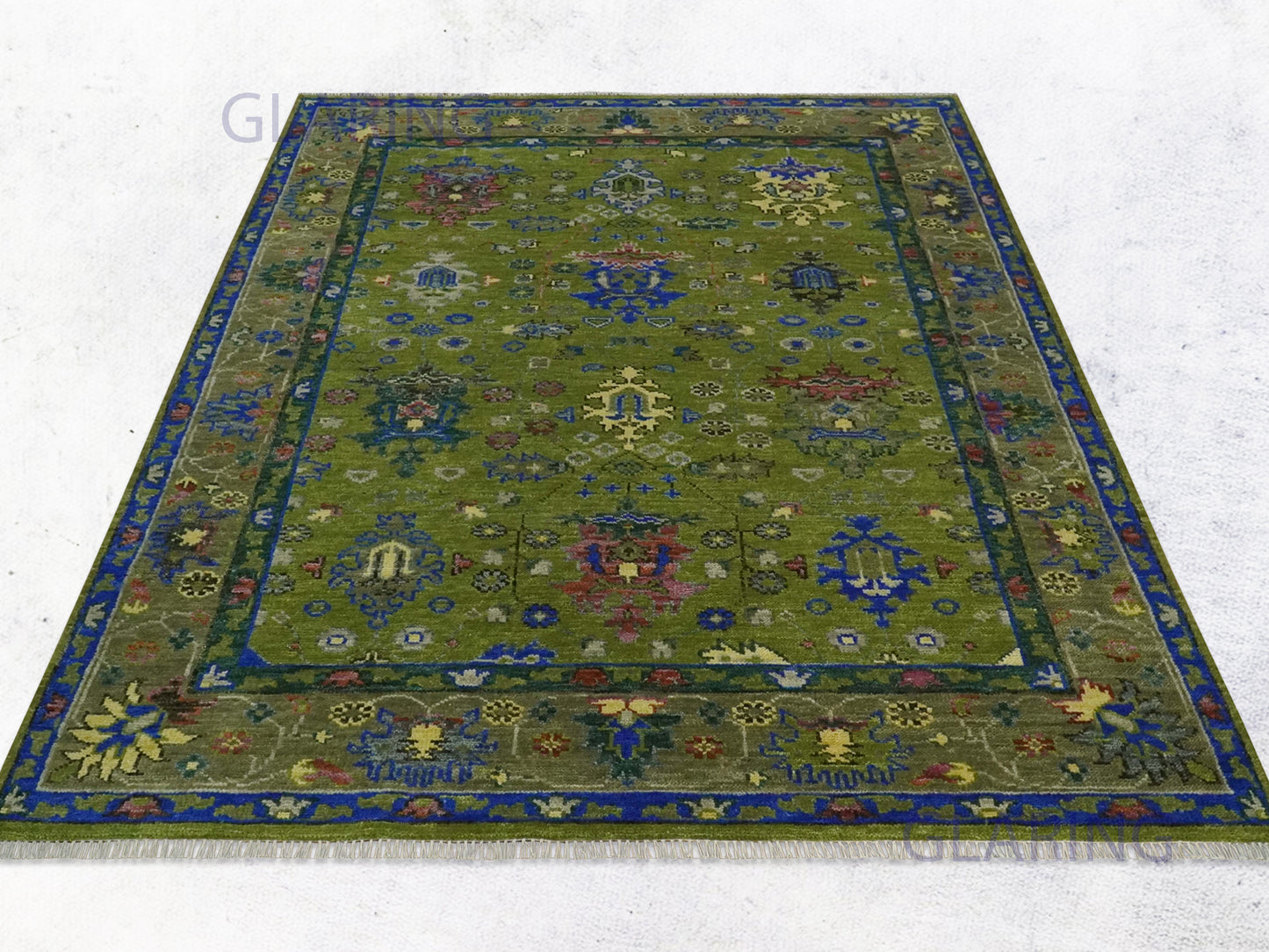 Hand-Knotted Traditional Rug | Oushak Design in Olive Green