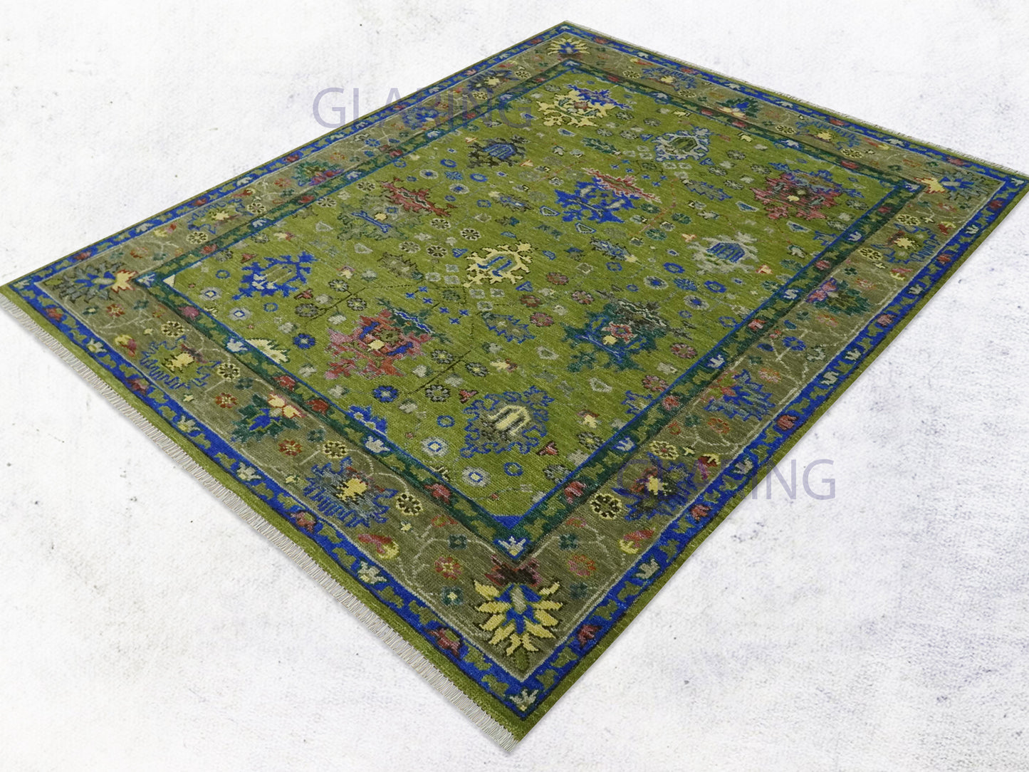 Hand-Knotted Traditional Rug | Oushak Design in Olive Green