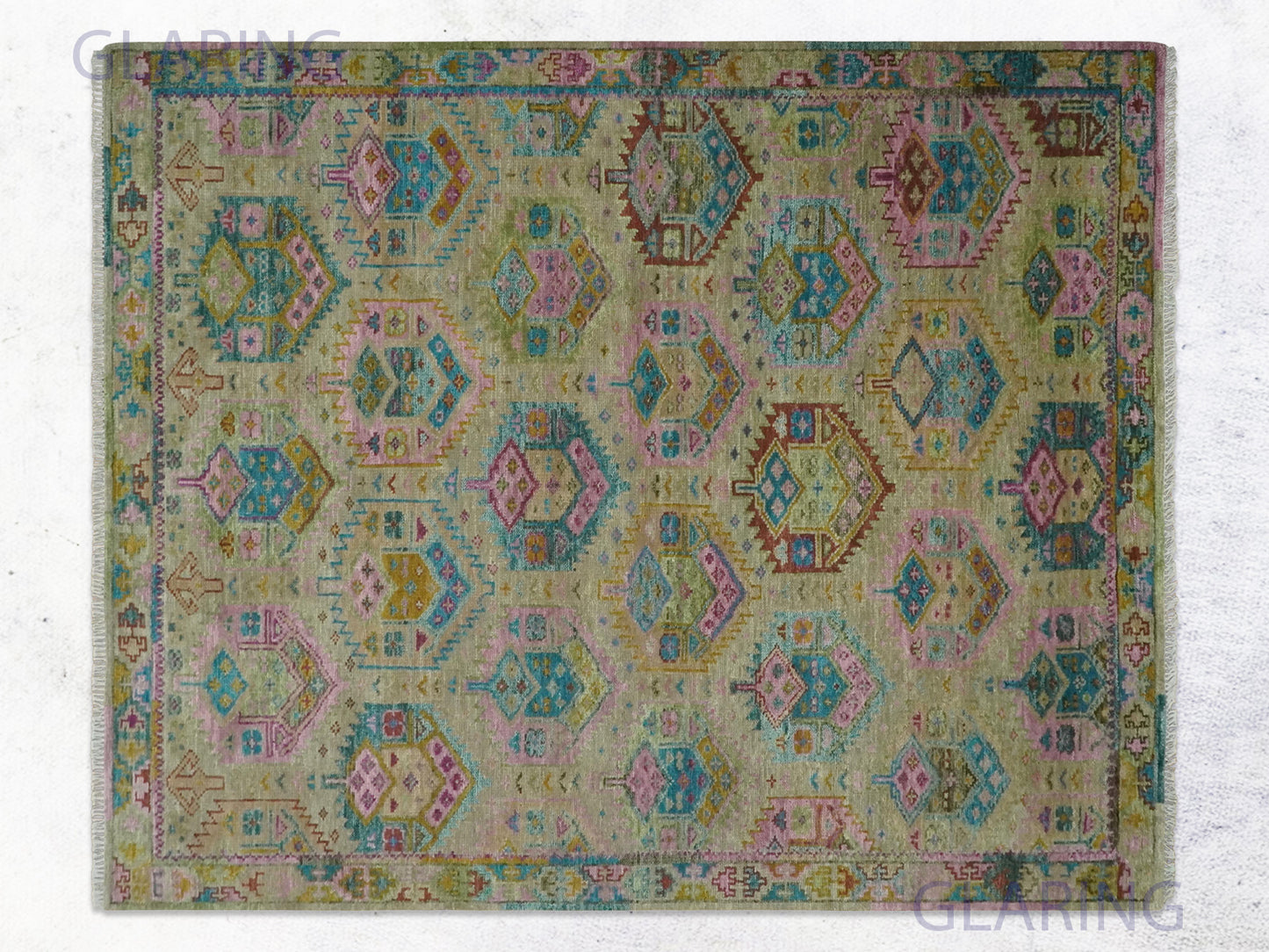 Hand-Knotted Traditional Rug | Floral Design in Olive & Gold