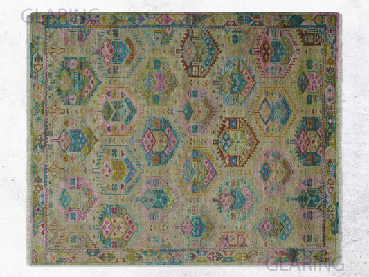 Hand-Knotted Traditional Rug | Floral Design in Olive & Gold