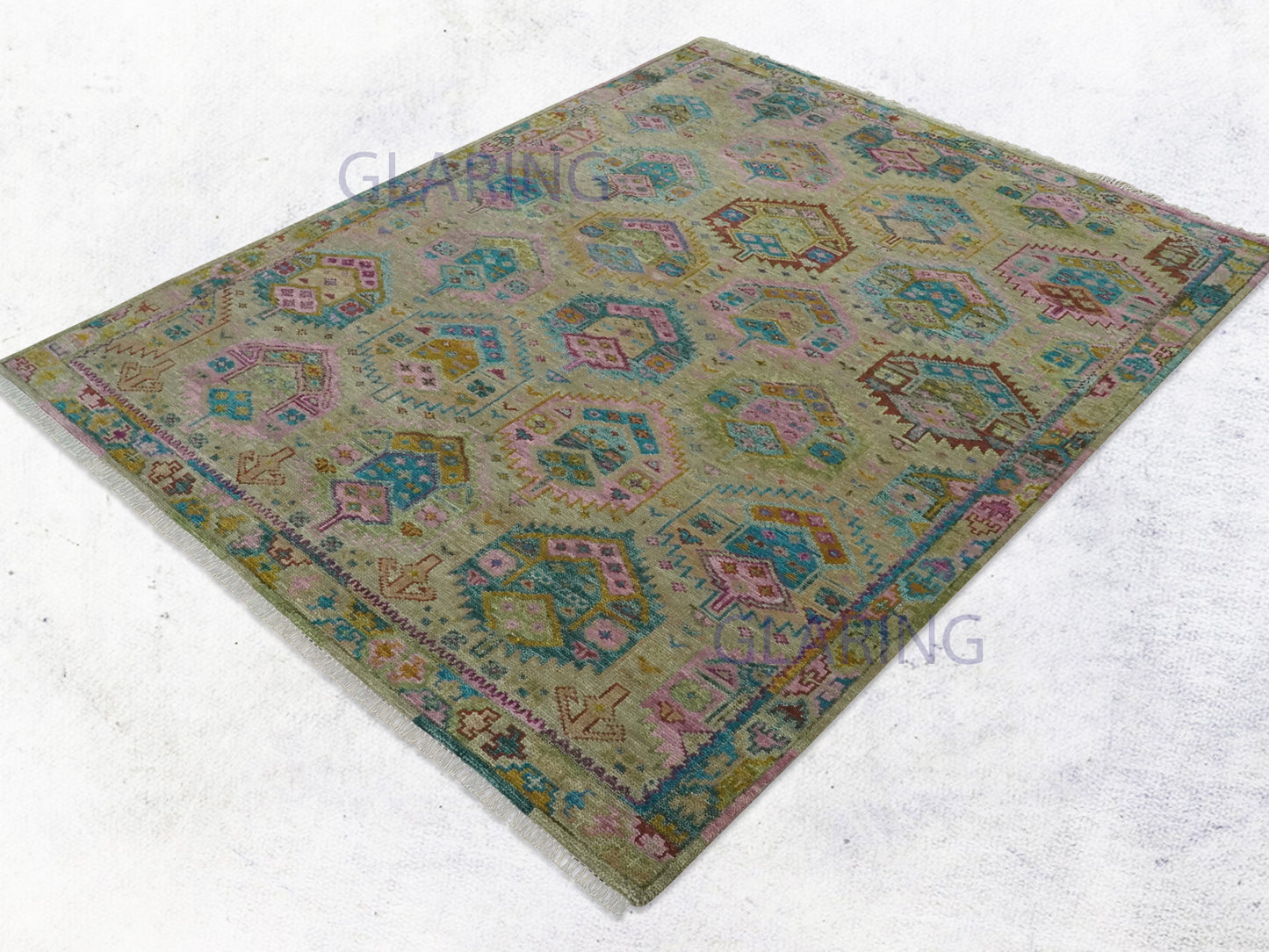 Hand-Knotted Traditional Rug | Floral Design in Olive & Gold