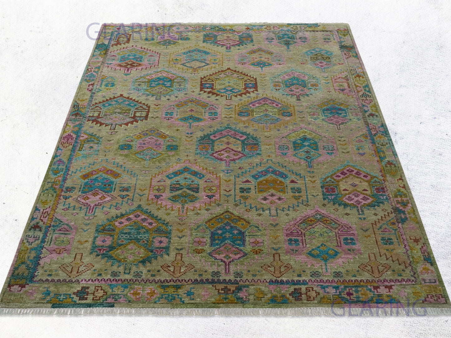 Hand-Knotted Traditional Rug | Floral Design in Olive & Gold