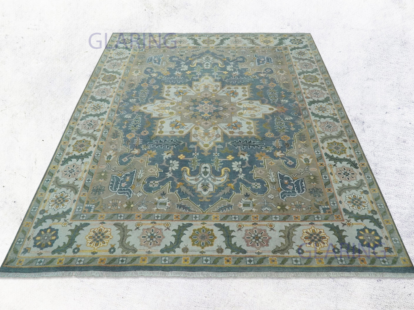 Hand-Knotted Traditional Rug | Heriz Design in Teal Blue
