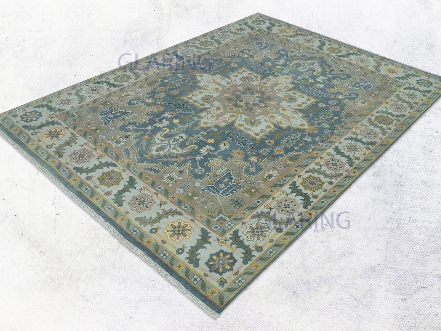 Hand-Knotted Traditional Rug | Heriz Design in Teal Blue