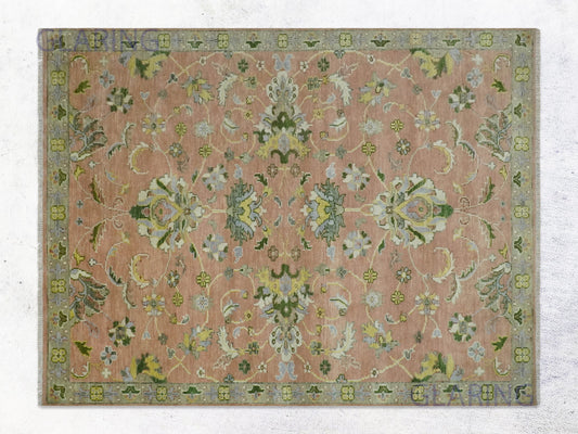 Hand-Knotted Traditional Rug | Floral Design in Peach & Green
