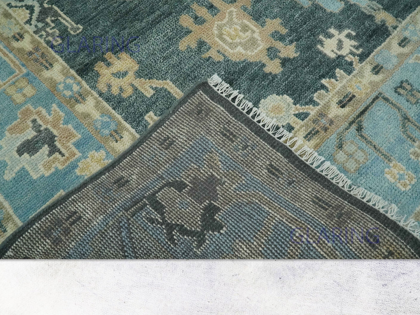 Hand-Knotted Traditional Rug | Oushak Design in Green & Blue