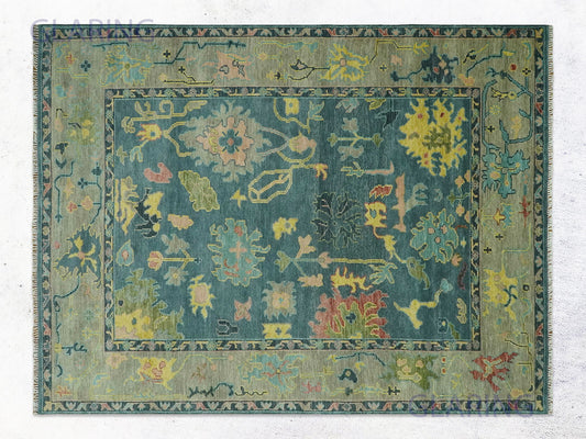 Hand-Knotted Traditional Rug | Oushak Design in Teal Blue