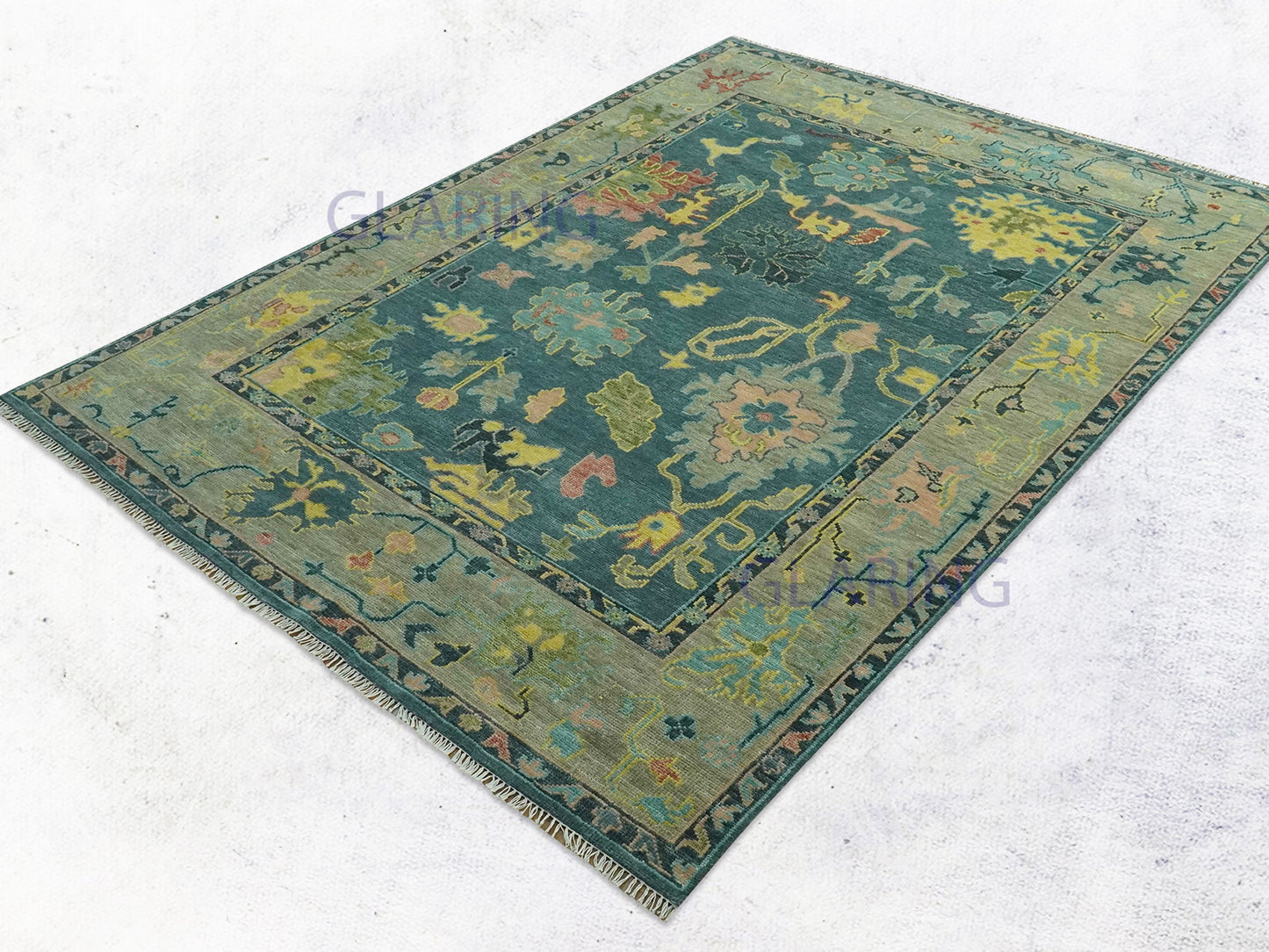 Hand-Knotted Traditional Rug | Oushak Design in Teal Blue