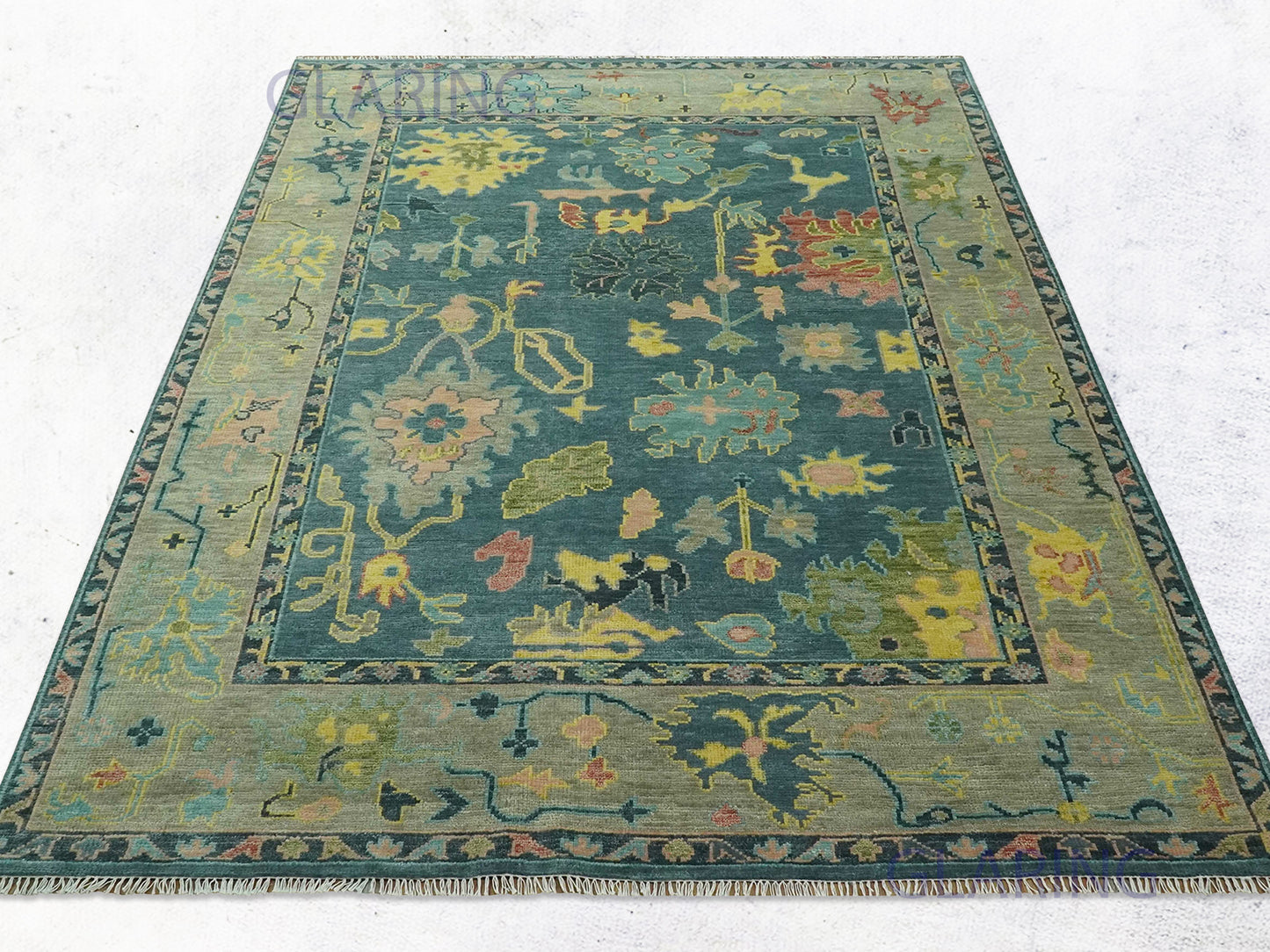 Hand-Knotted Traditional Rug | Oushak Design in Teal Blue