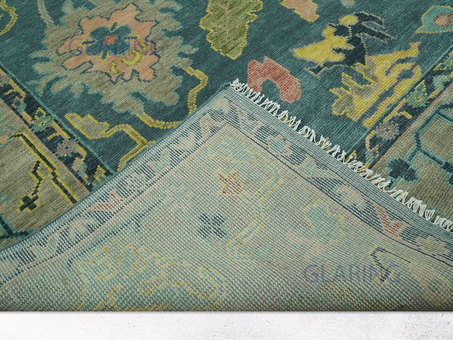 Hand-Knotted Traditional Rug | Oushak Design in Teal Blue