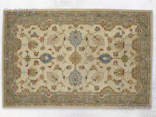 Handmade Oushak Rug | Floral Design in Beige & Green