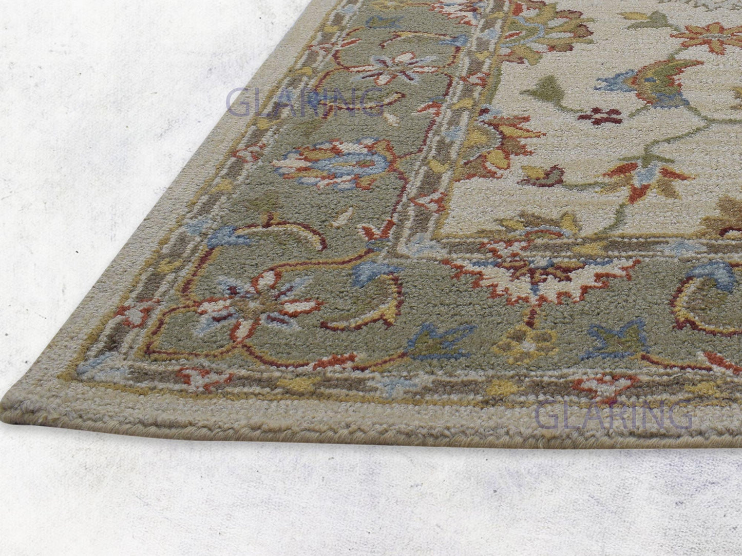 Handmade Oushak Rug | Floral Design in Beige & Green