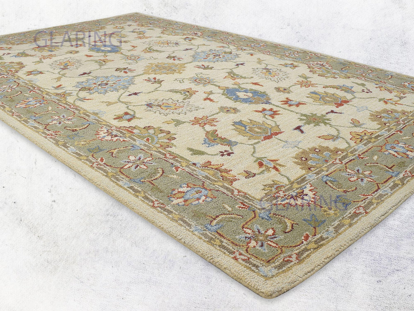 Handmade Oushak Rug | Floral Design in Beige & Green