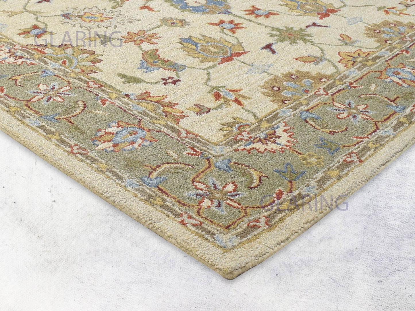 Handmade Oushak Rug | Floral Design in Beige & Green