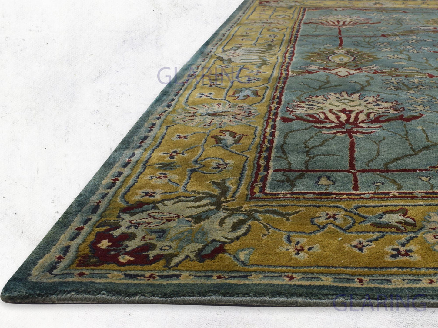 Traditional teal blue rug Persian design in teal blue, gold, green and red color