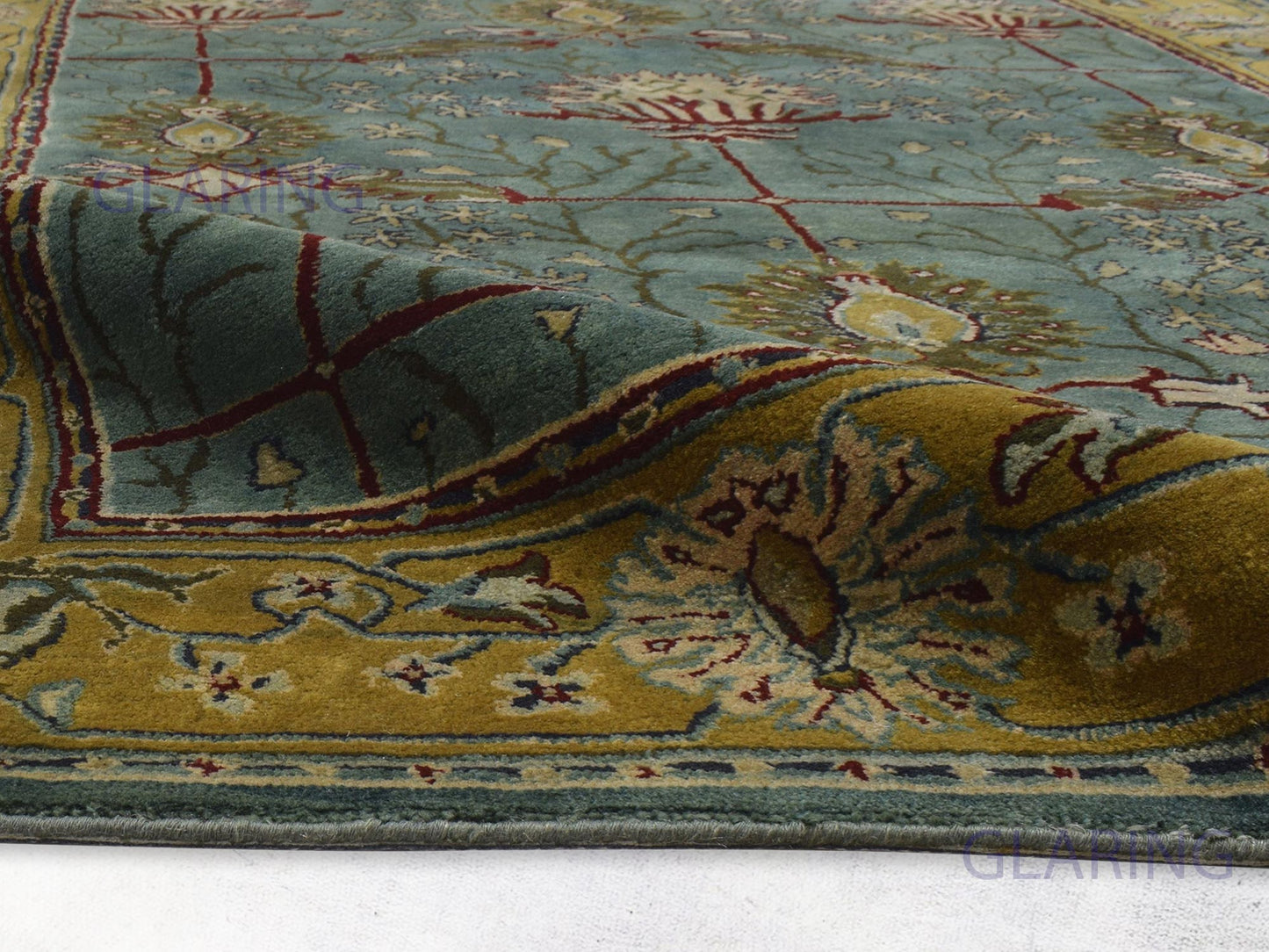 Traditional teal blue rug Persian design in teal blue, gold, green and red color