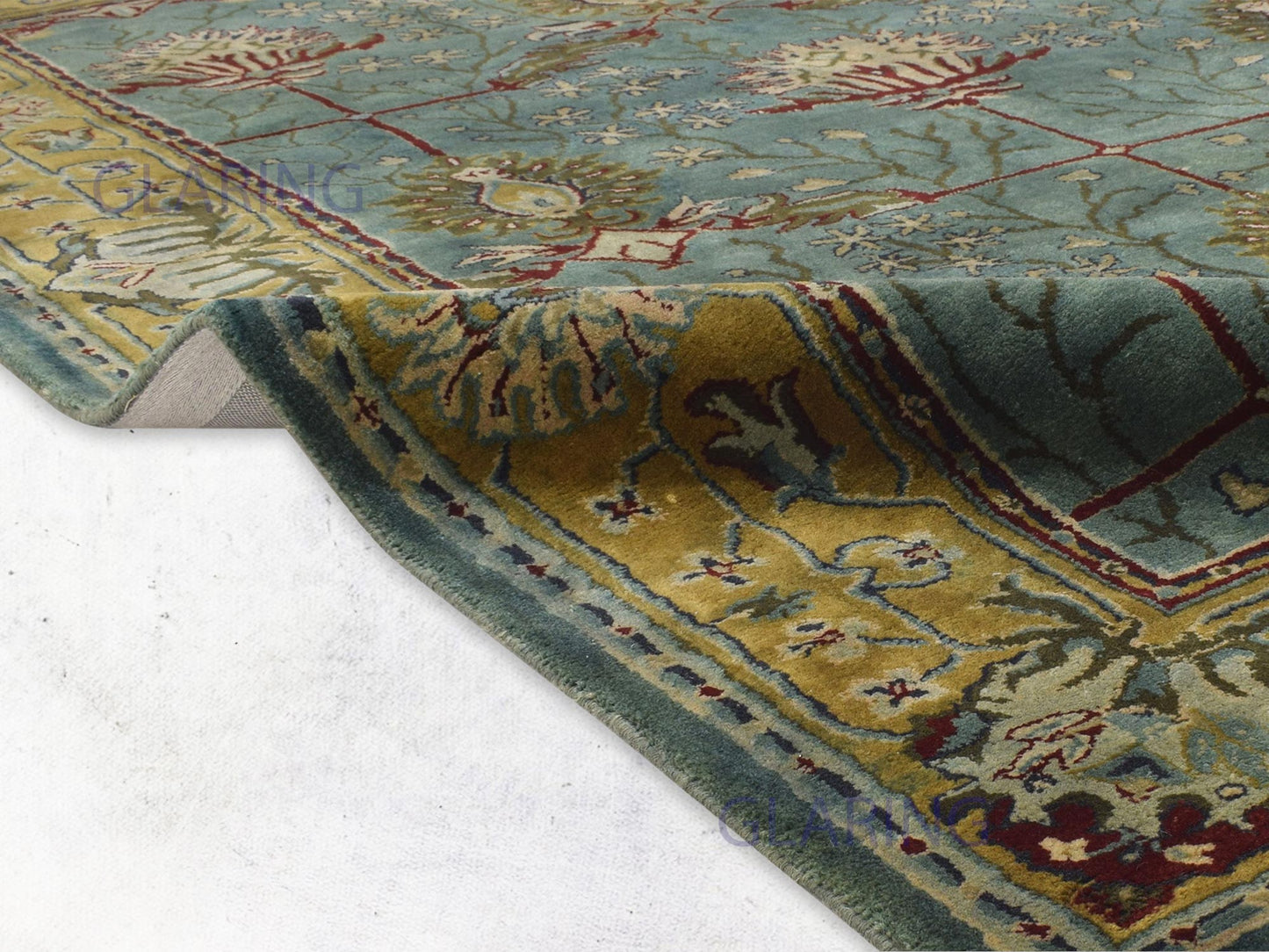 Traditional teal blue rug Persian design in teal blue, gold, green and red color