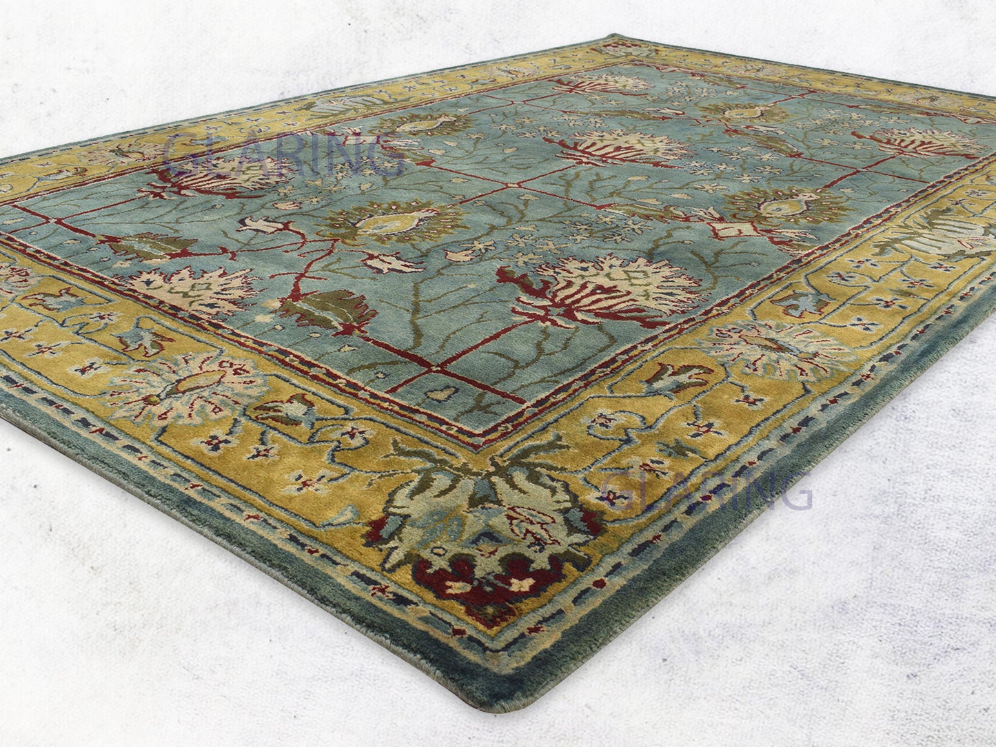 Traditional teal blue rug Persian design in teal blue, gold, green and red color