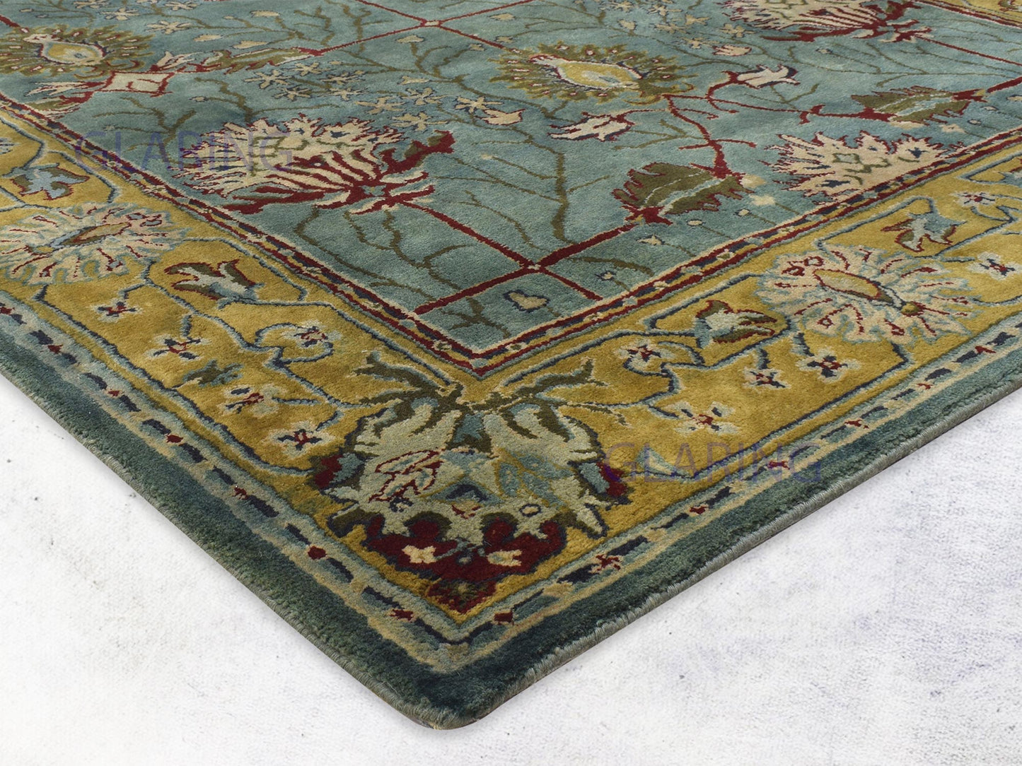 Traditional teal blue rug Persian design in teal blue, gold, green and red color