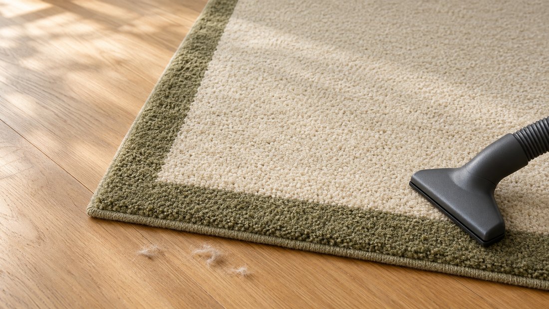 Wool rug pile with a small amount of loose surface fluff and a suction-only vacuum attachment