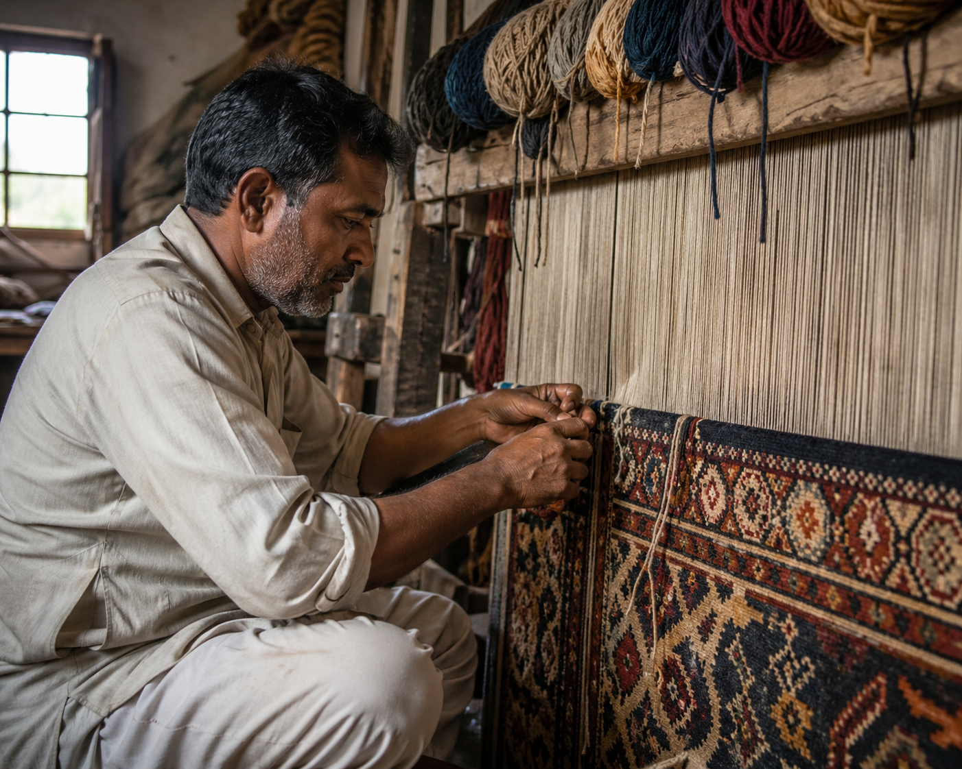 Hand-knotted traditional rug being woven by artisan – made to order, custom rug in progress, handcrafted with care.