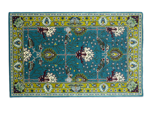 Handmade Wool Rug | Teal Blue & Gold Floral Rugs 5x8
