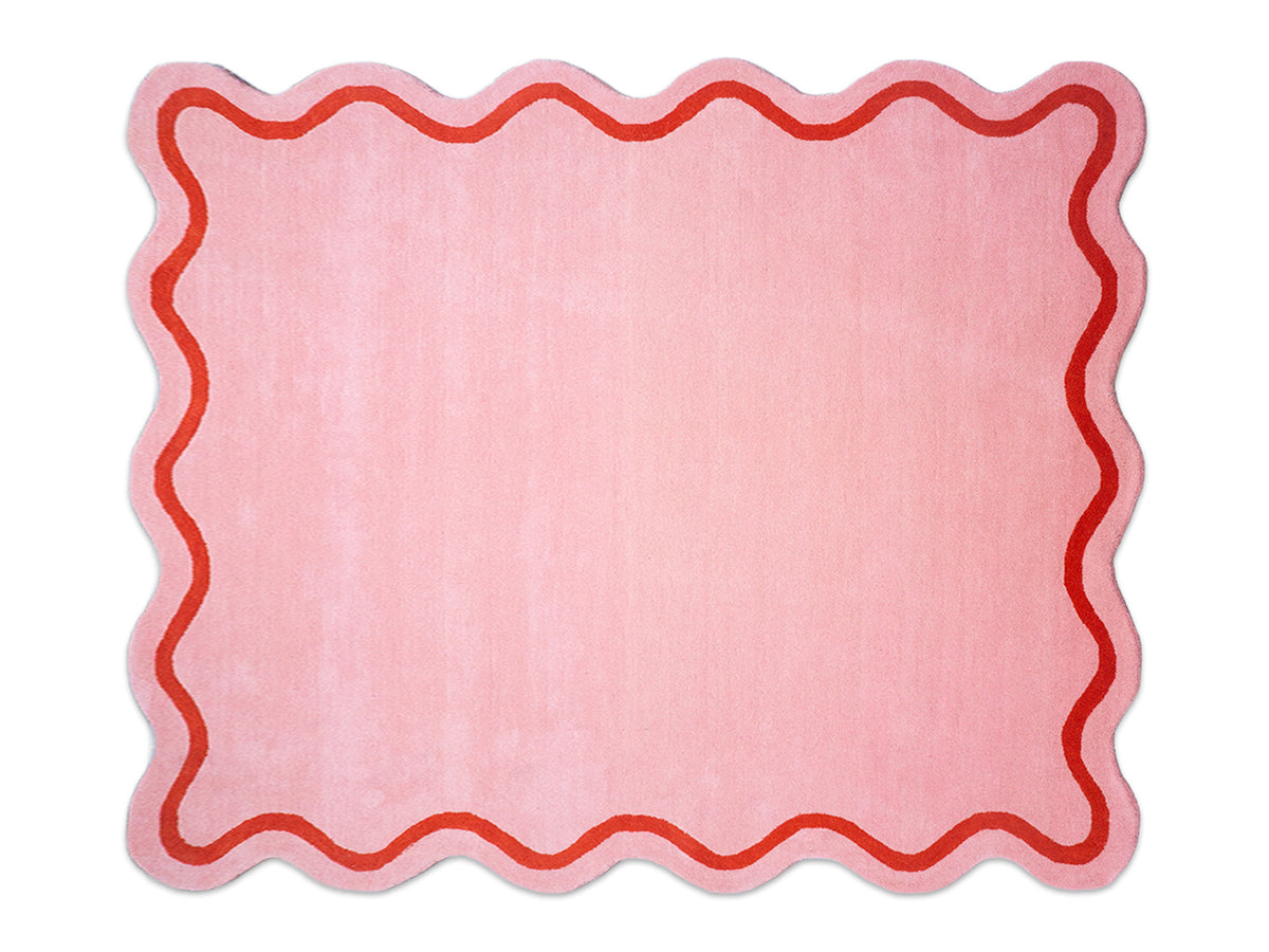 Handmade Pink Scalloped Rug | Wavy Border Wool Area Rug