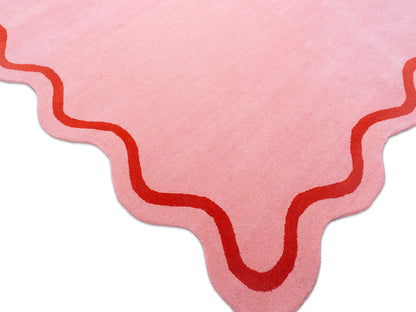 Hand Tufted Wool Rug | Pink with Red Wavy Border 8x10
