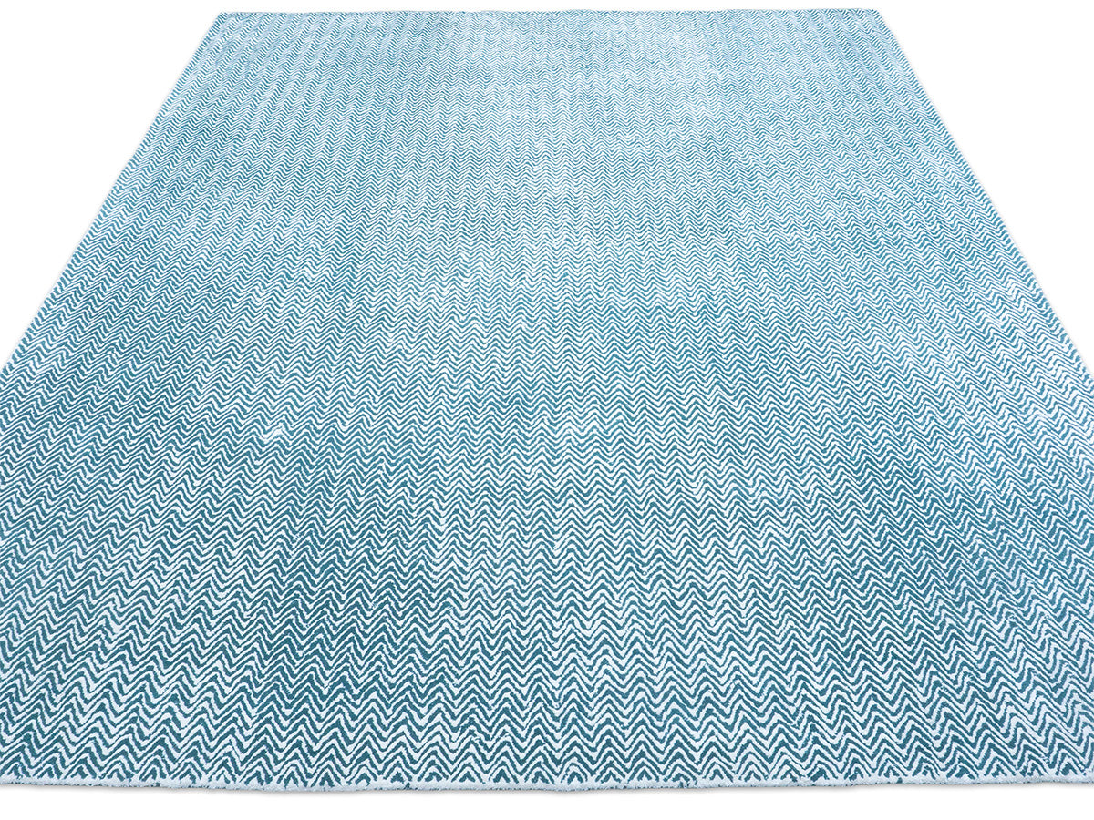 Handmade Teal Blue Chevron Rug | Modern Zigzag Wool Area Rug