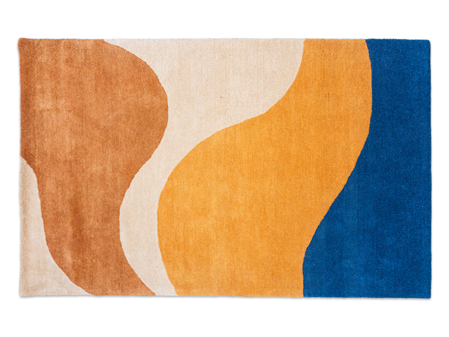 Abstract Modern Organic Wave Rug – Terracotta, Cream, Mustard & Deep Blue