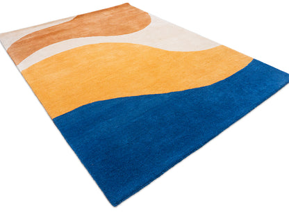 Abstract Modern Organic Wave Rug – Terracotta, Cream, Mustard & Deep Blue