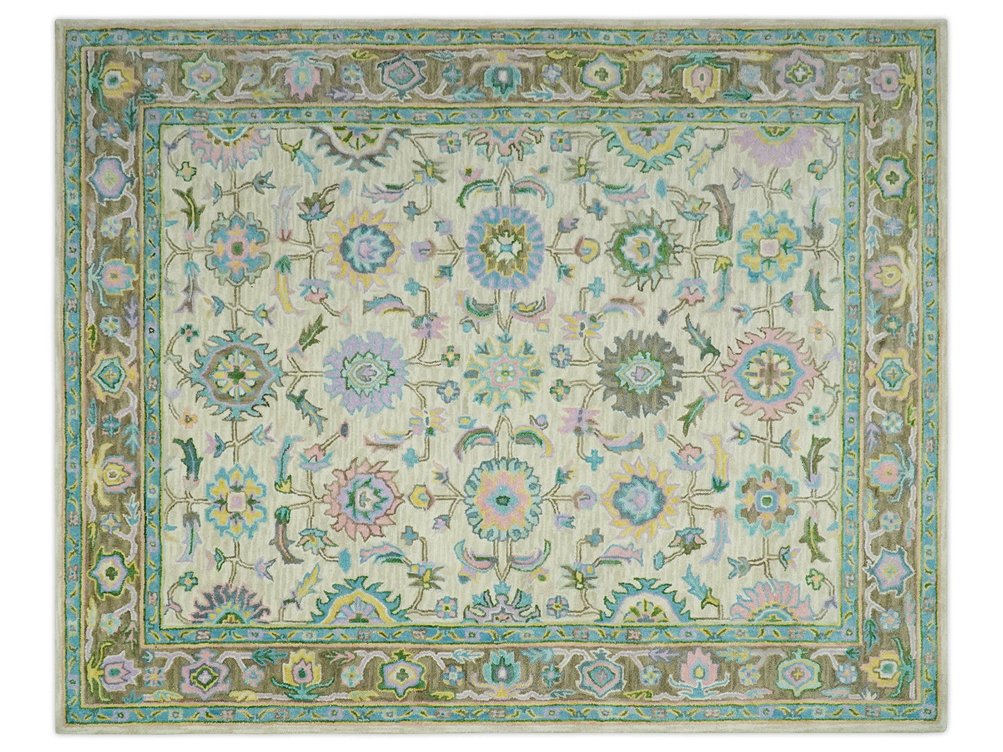 Handmade Vintage Oushak Rug | Ivory & Olive Green Floral Wool Rug