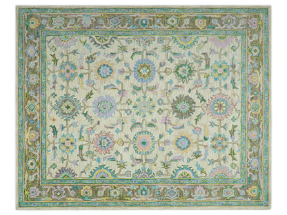 Handmade Vintage Oushak Rug | Ivory & Olive Green Floral Wool Rug