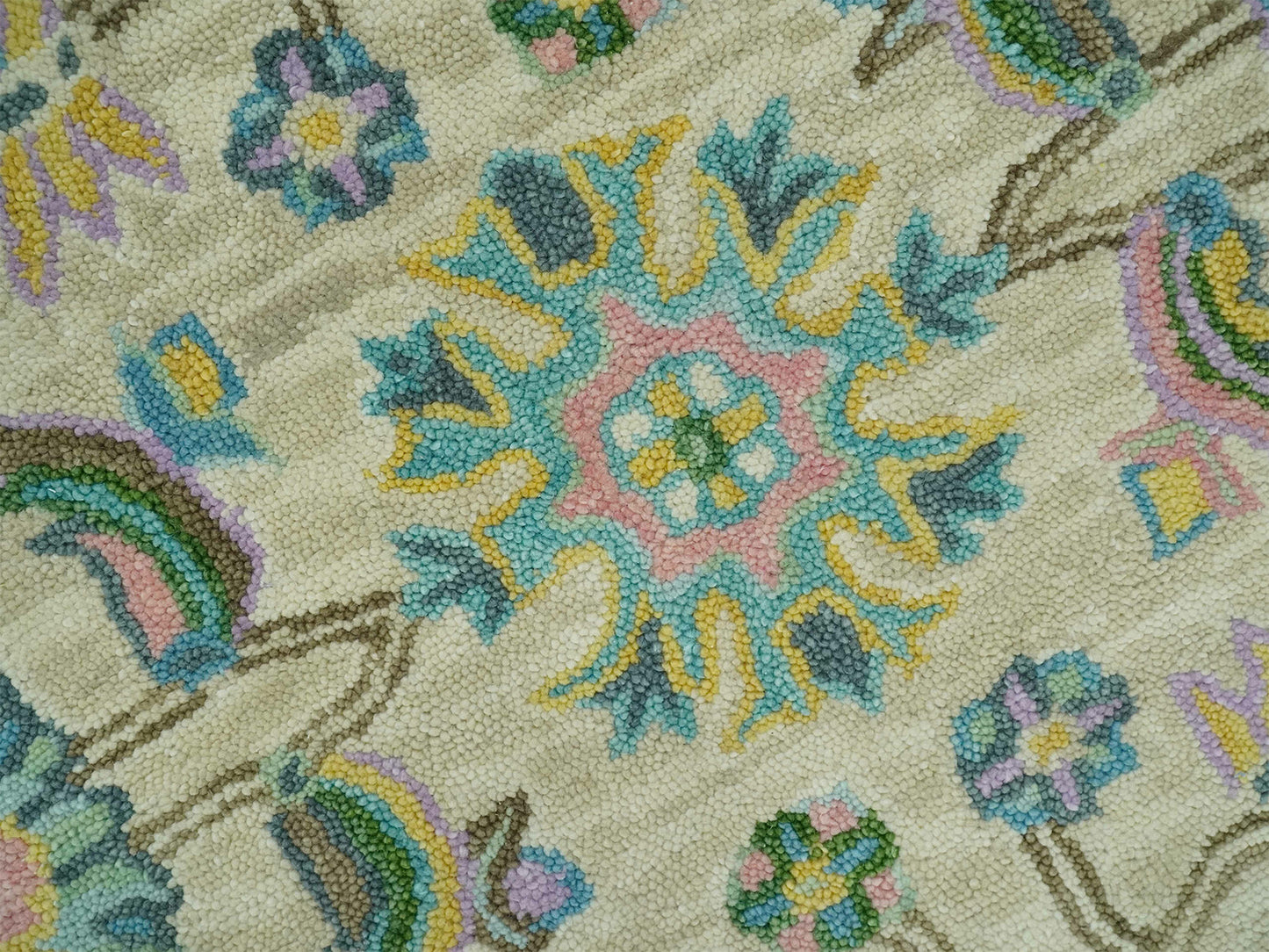 Handmade Vintage Oushak Rug | Ivory & Olive Green Floral Wool Rug
