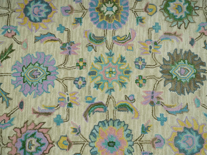 Handmade Vintage Oushak Rug | Ivory & Olive Green Floral Wool Rug