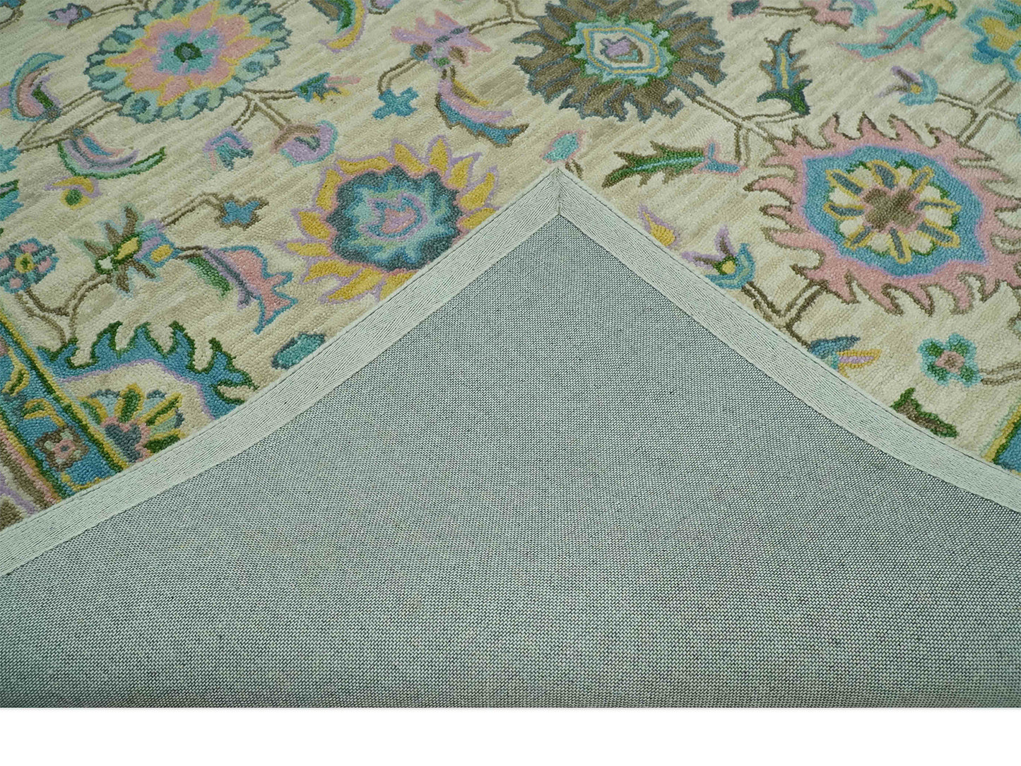 Handmade Vintage Oushak Rug | Ivory & Olive Green Floral Wool Rug