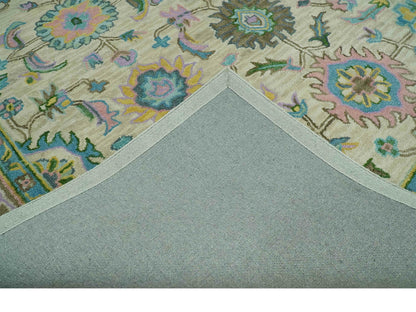 Handmade Vintage Oushak Rug | Ivory & Olive Green Floral Wool Rug